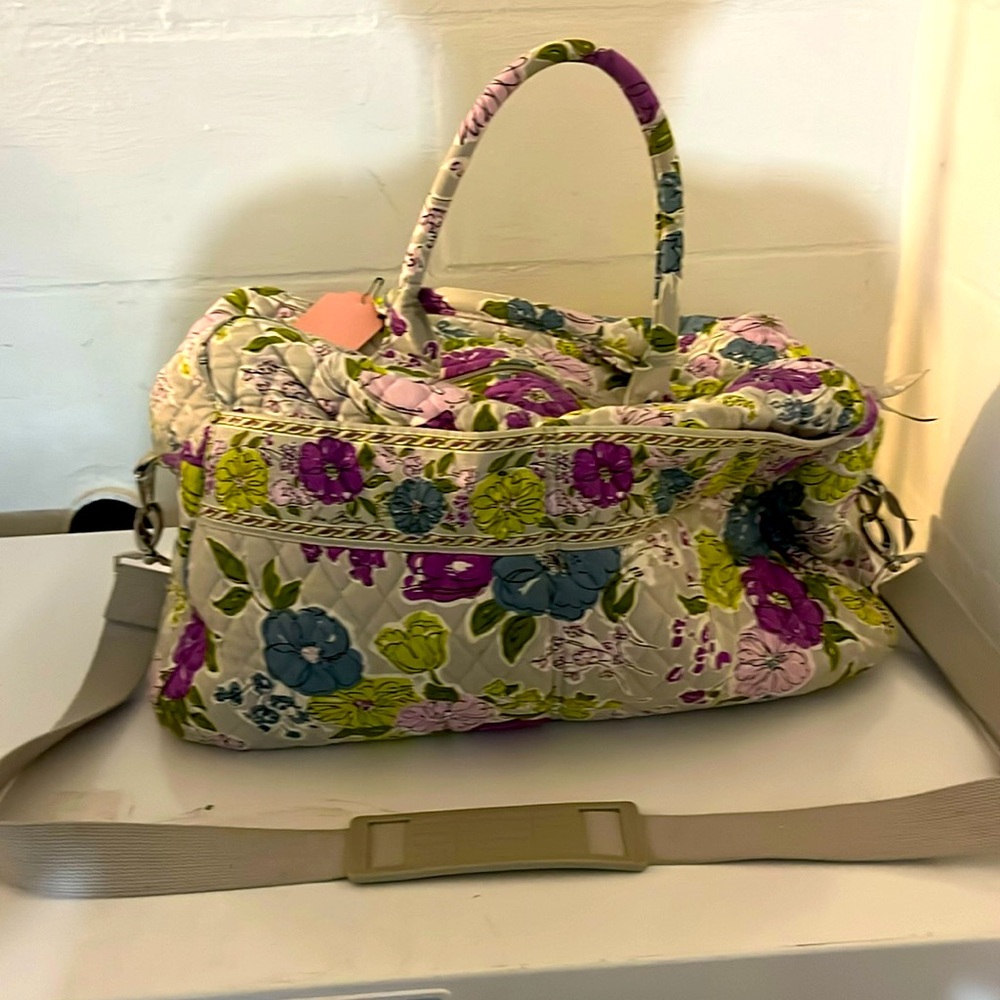 Vera Bradley Weekender Bag pinks, purples, gray and blues.